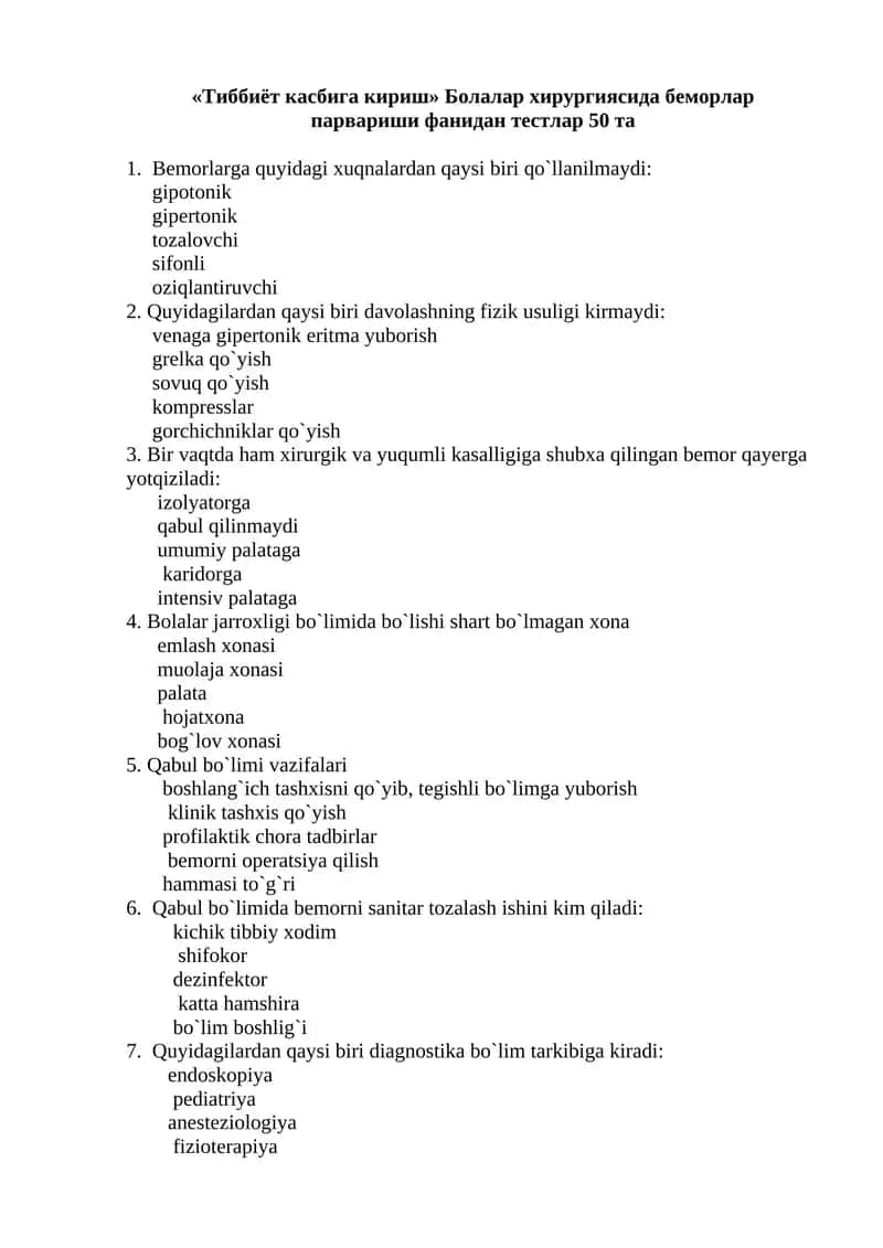 Bemorlarga quyidagi xuqnalardan qaysi biri qo`llanilmaydi