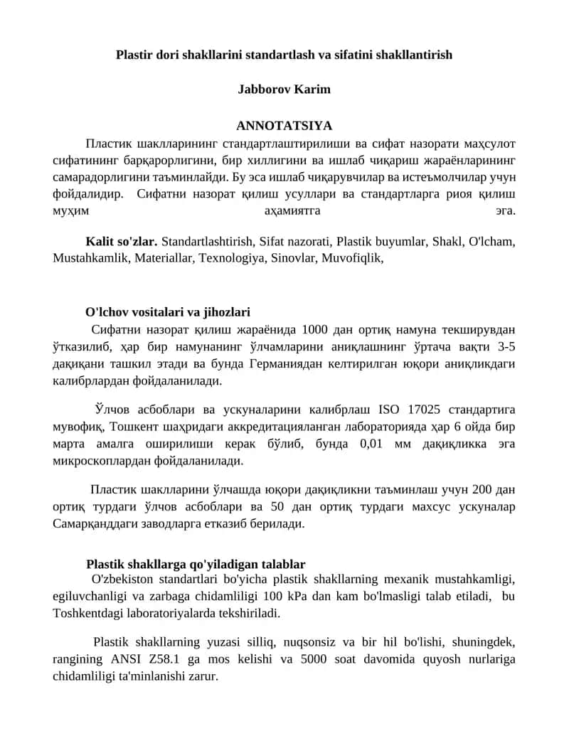 Plastir dori shakllarini standartlash va sifatini shakllantirish