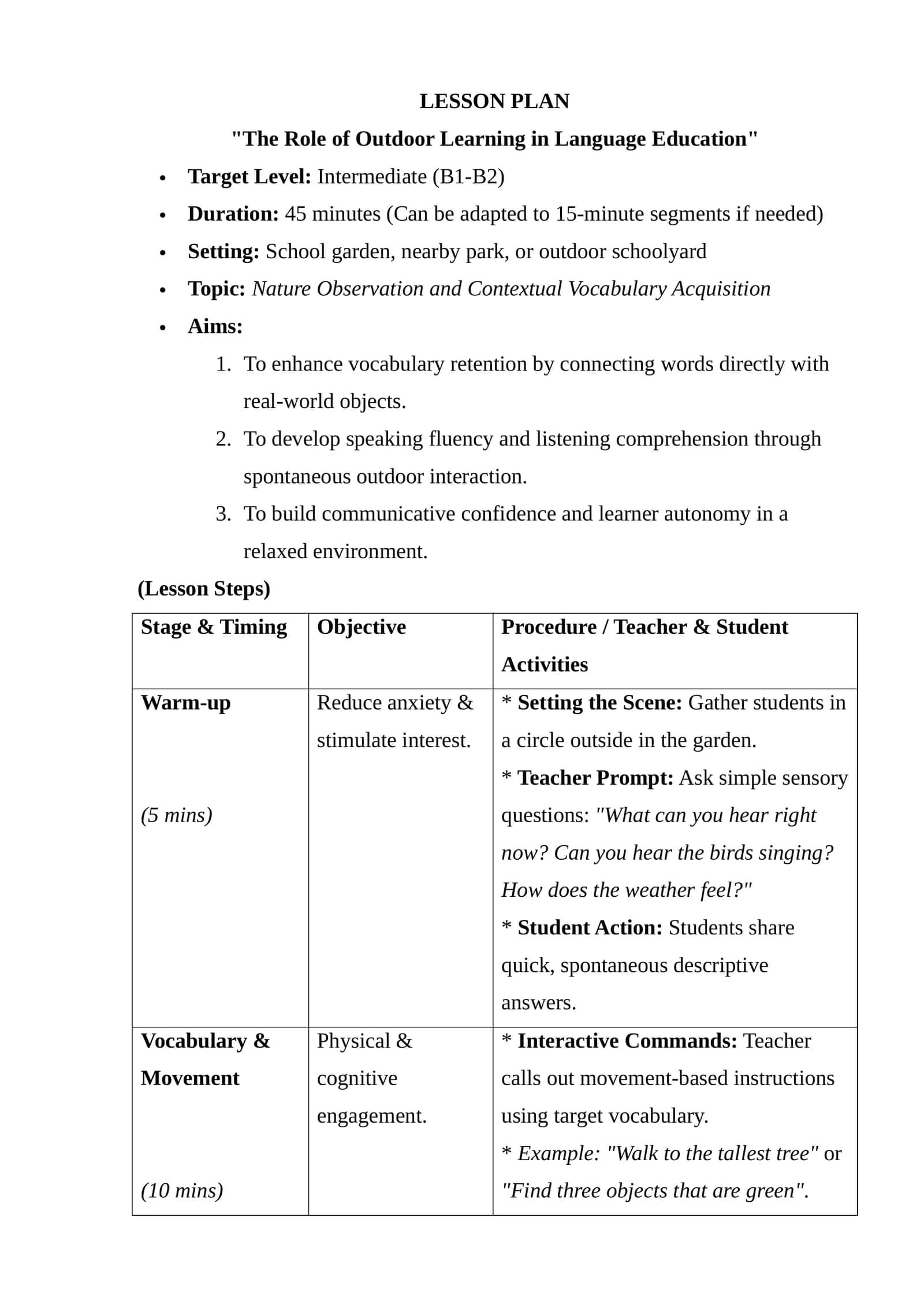 Lesson Plan: "The Role of Outdoor Learning in Language Education"