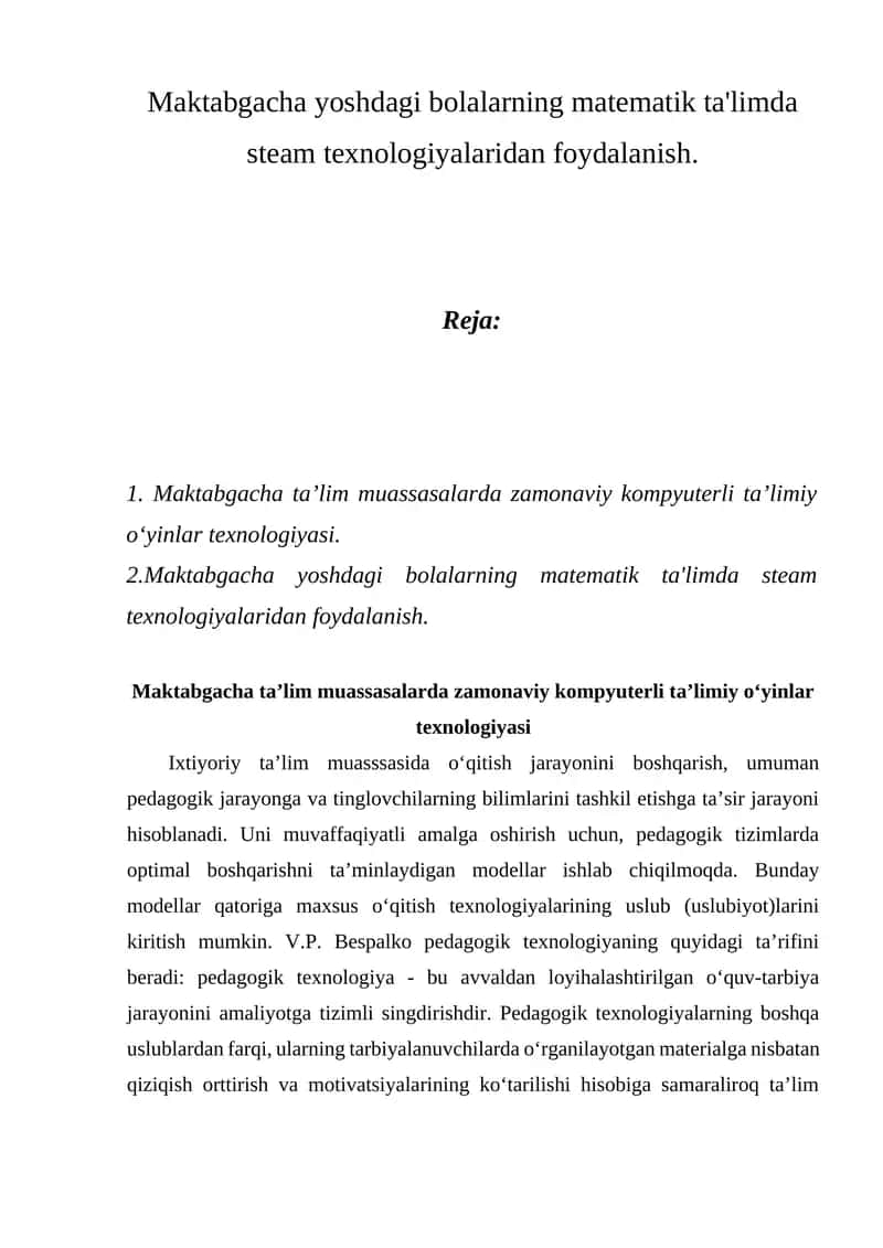 Maktabgacha yoshdagi bolalarning matematik ta'limda steam texnologiyalaridan foydalanish
