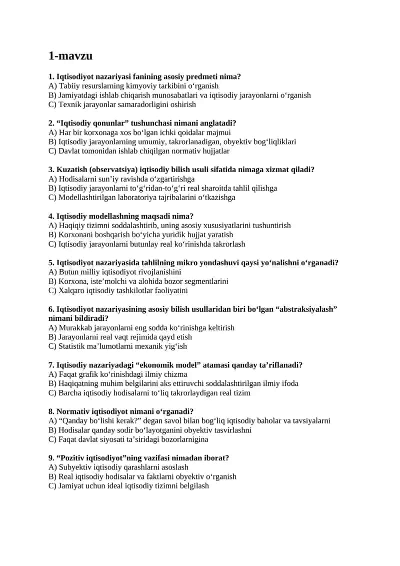 Iqtisod nazariyasi fanidan 150 ta test savollari va javoblari
