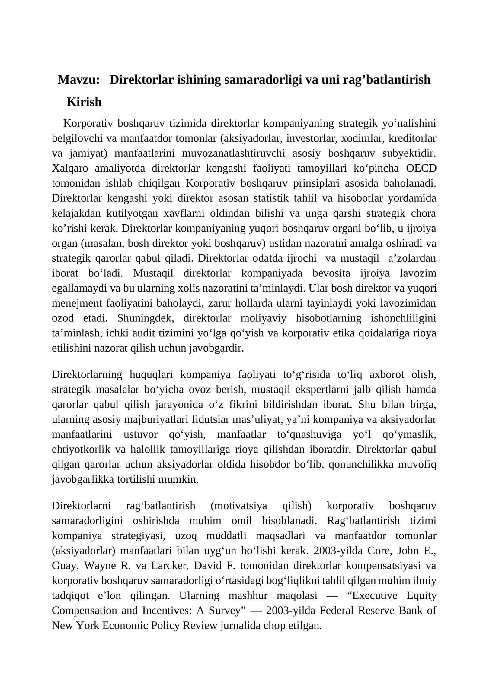 Direktorlar ishining samaradorligi va uni rag’batlantirish
