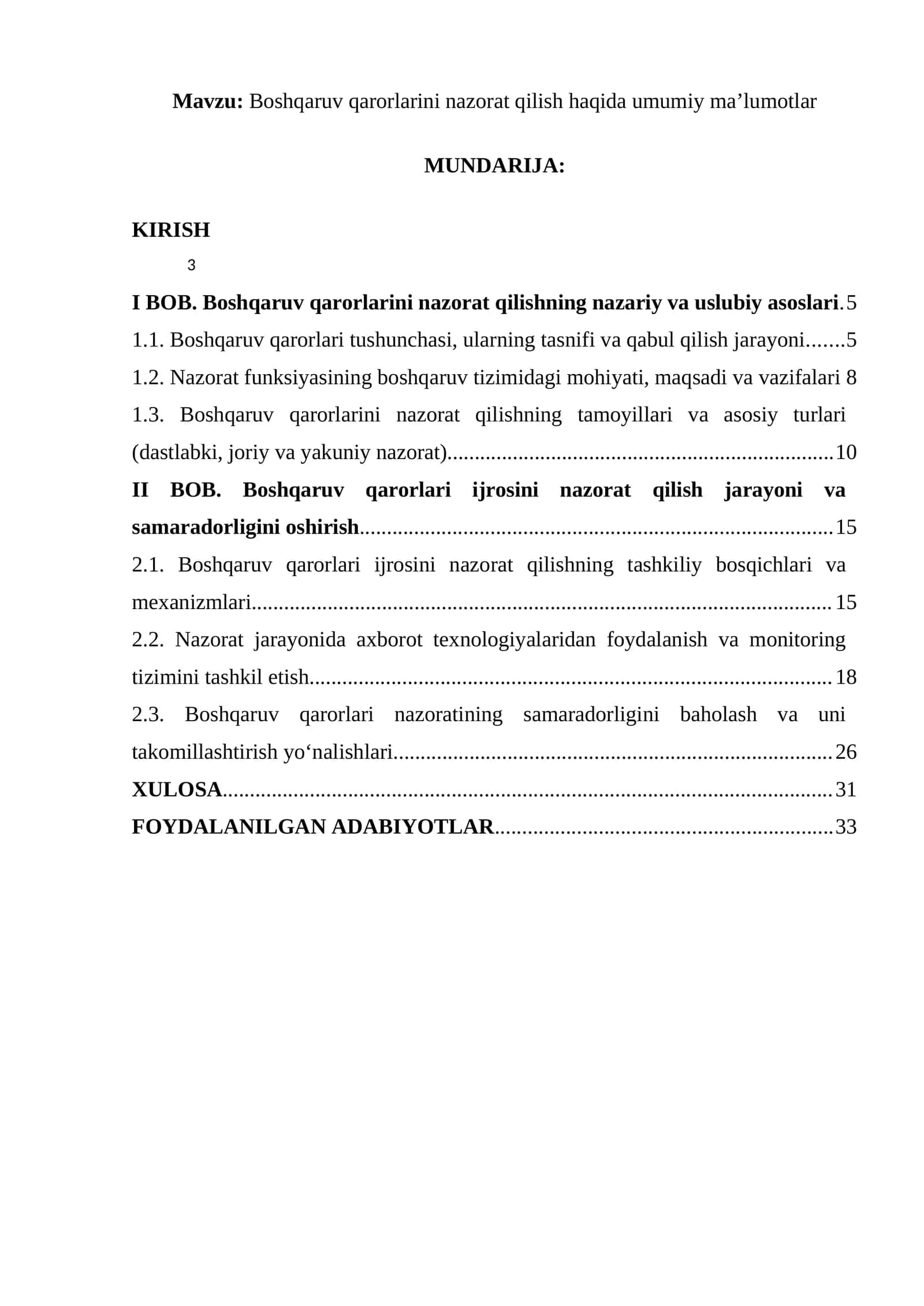 Boshqaruv qarorlarini nazorat qilish haqida umumiy ma’lumotlar