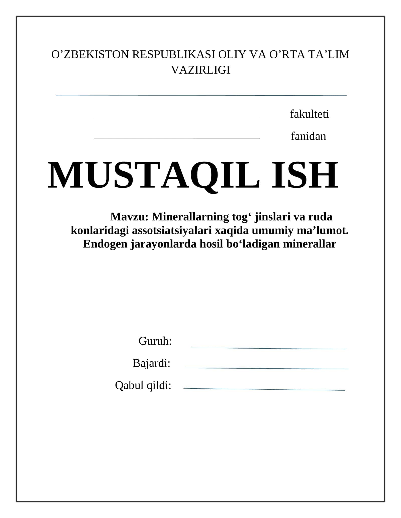 minerallarning tog' jinslari va ruda konlaridagi assotsiatsiyalari haqida malumot.Endogen jarayonlar