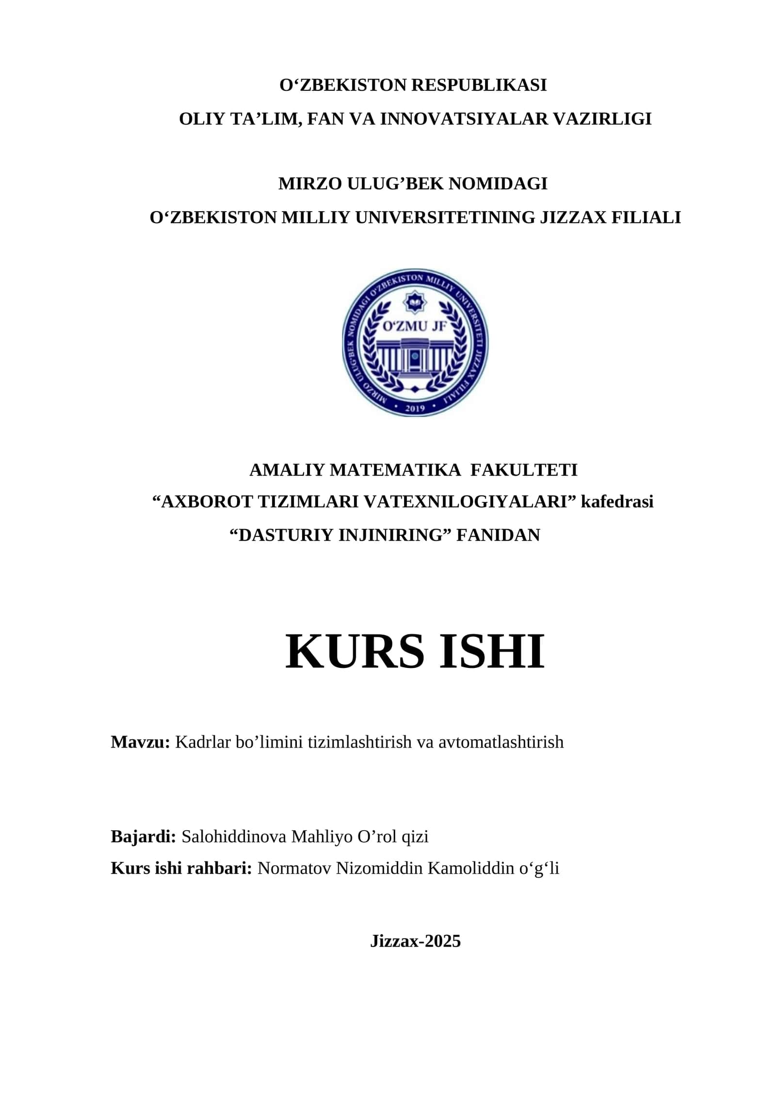 Kadrlar bo’limini tizimlashtirish va avtomatlashtirish