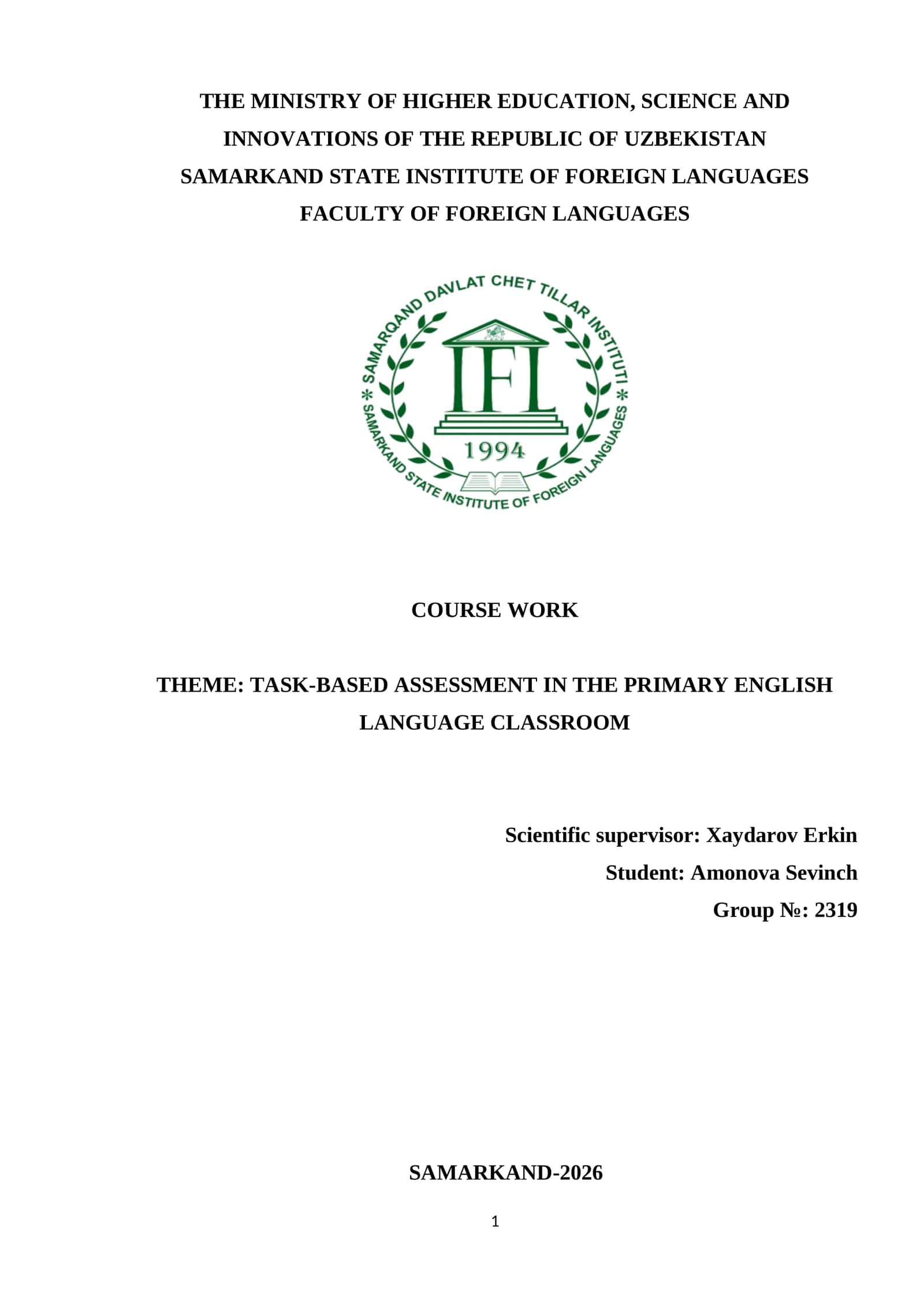 COURSE WORK THEME: TASK-BASED ASSESSMENT IN THE PRIMARY ENGLISH LANGUAGE CLASSROOM