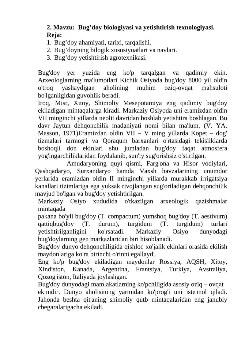 Bug’doy biologiyasi va yetishtirish texnologiyasi