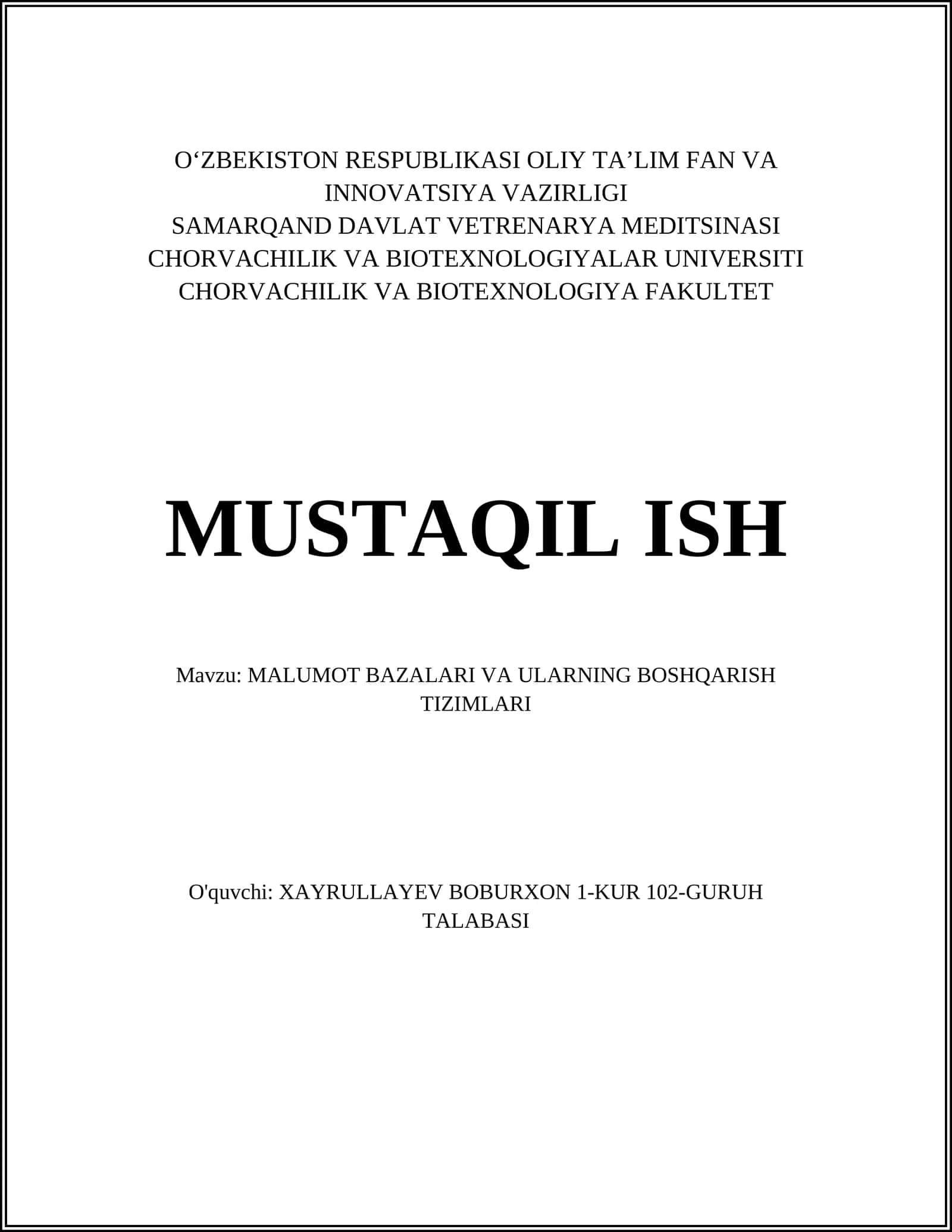MALUMOT BAZALARI VA ULARNING BOSHQARISH TIZIMLARI