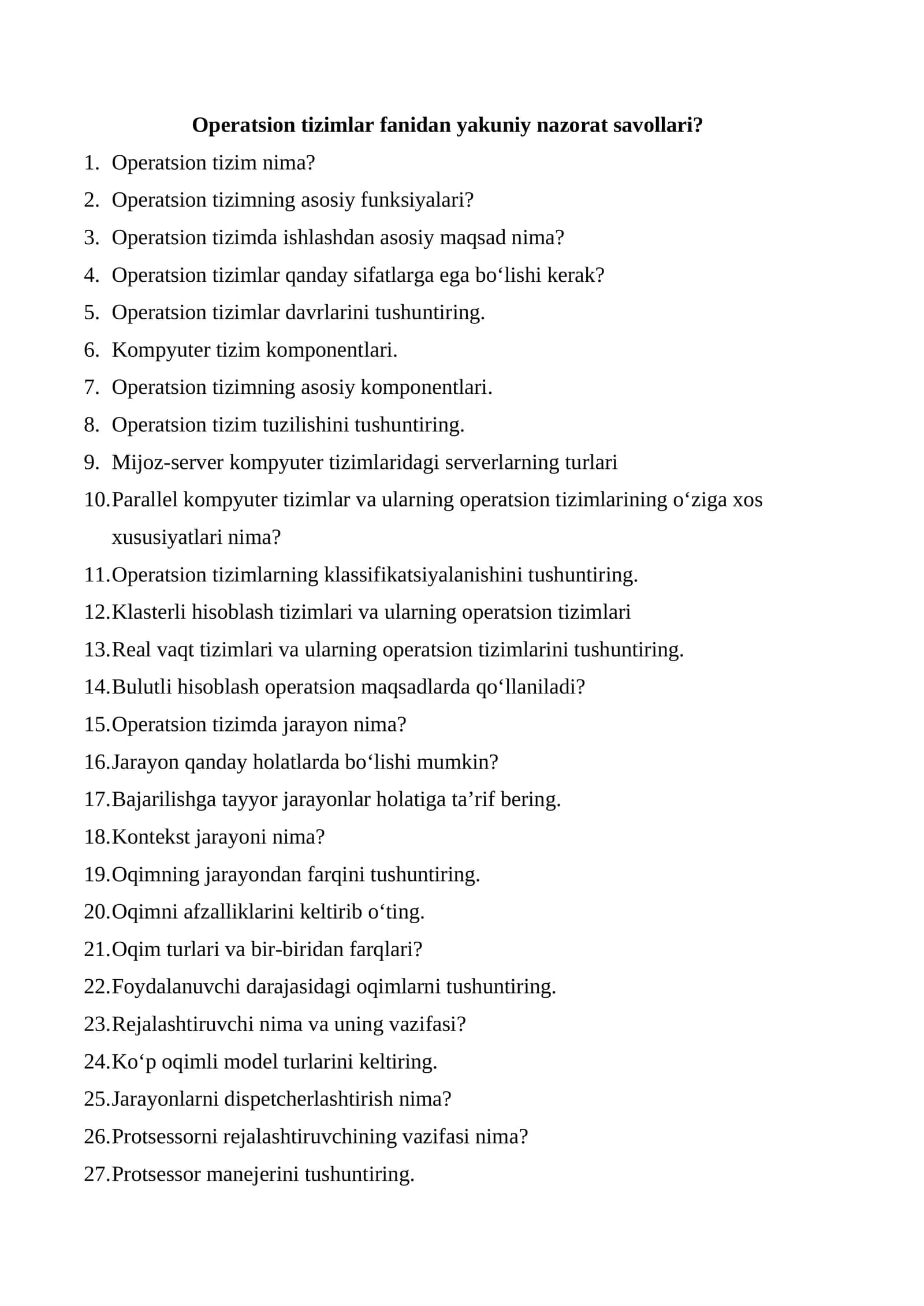 Operatsion tizimlar fanidan yakuniy nazorat savollari