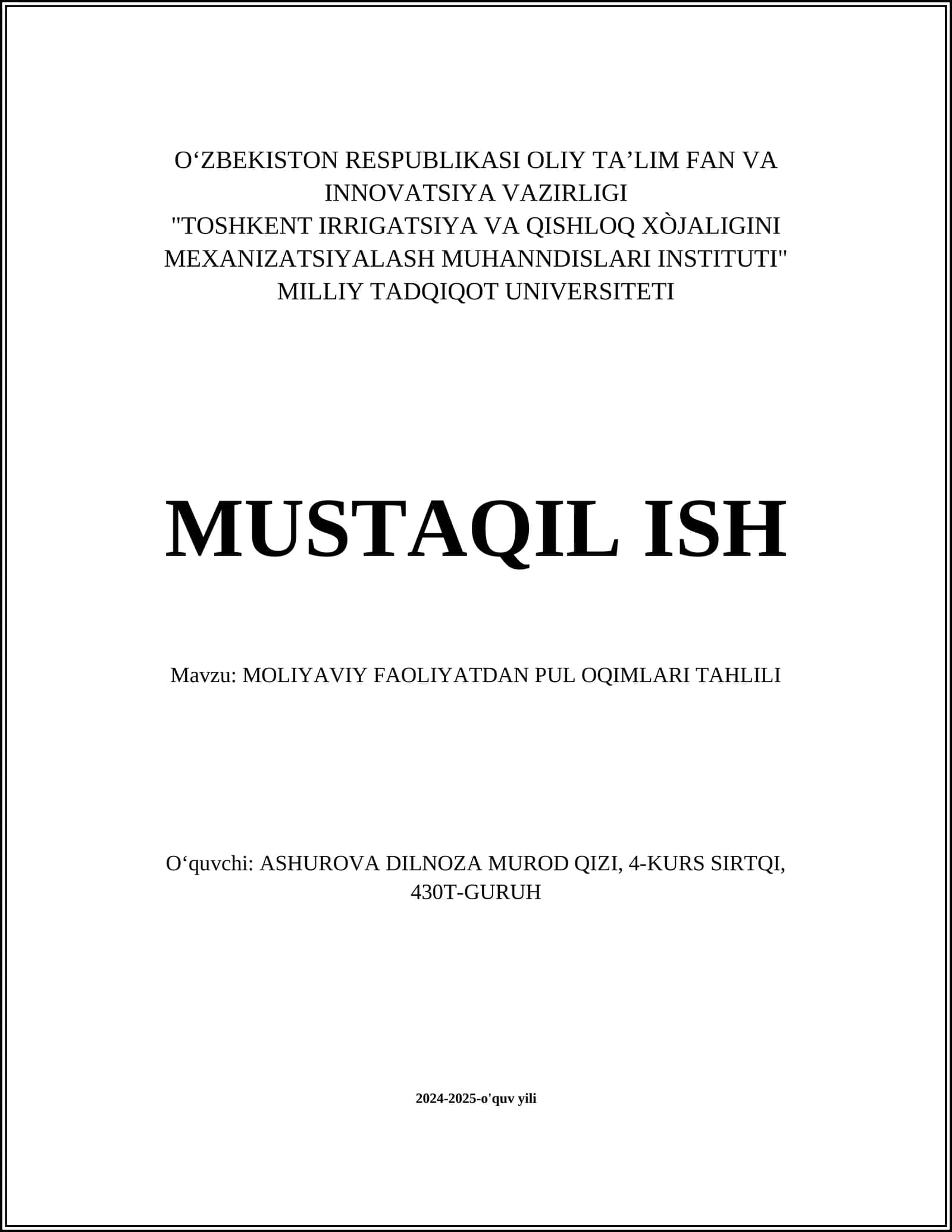 Moliyaviy Faoliyatdan Pul Oqimlari Tahlili