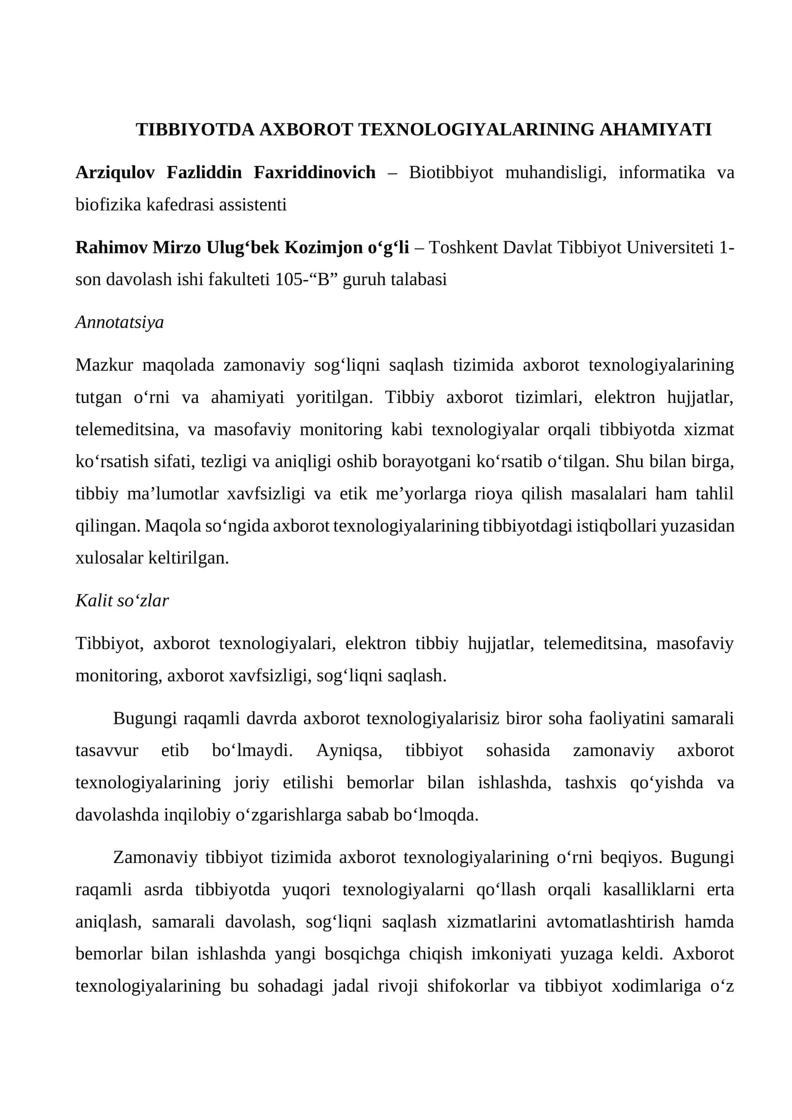 TIBBIYOTDA AXBOROT TEXNOLOGIYALARINING AHAMIYATI