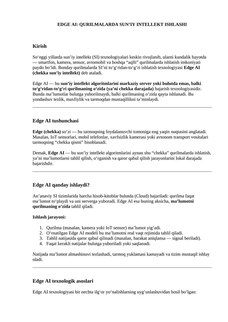 EDGE AI: QURILMALARDA SUN’IY INTELLEKT ISHLASHI