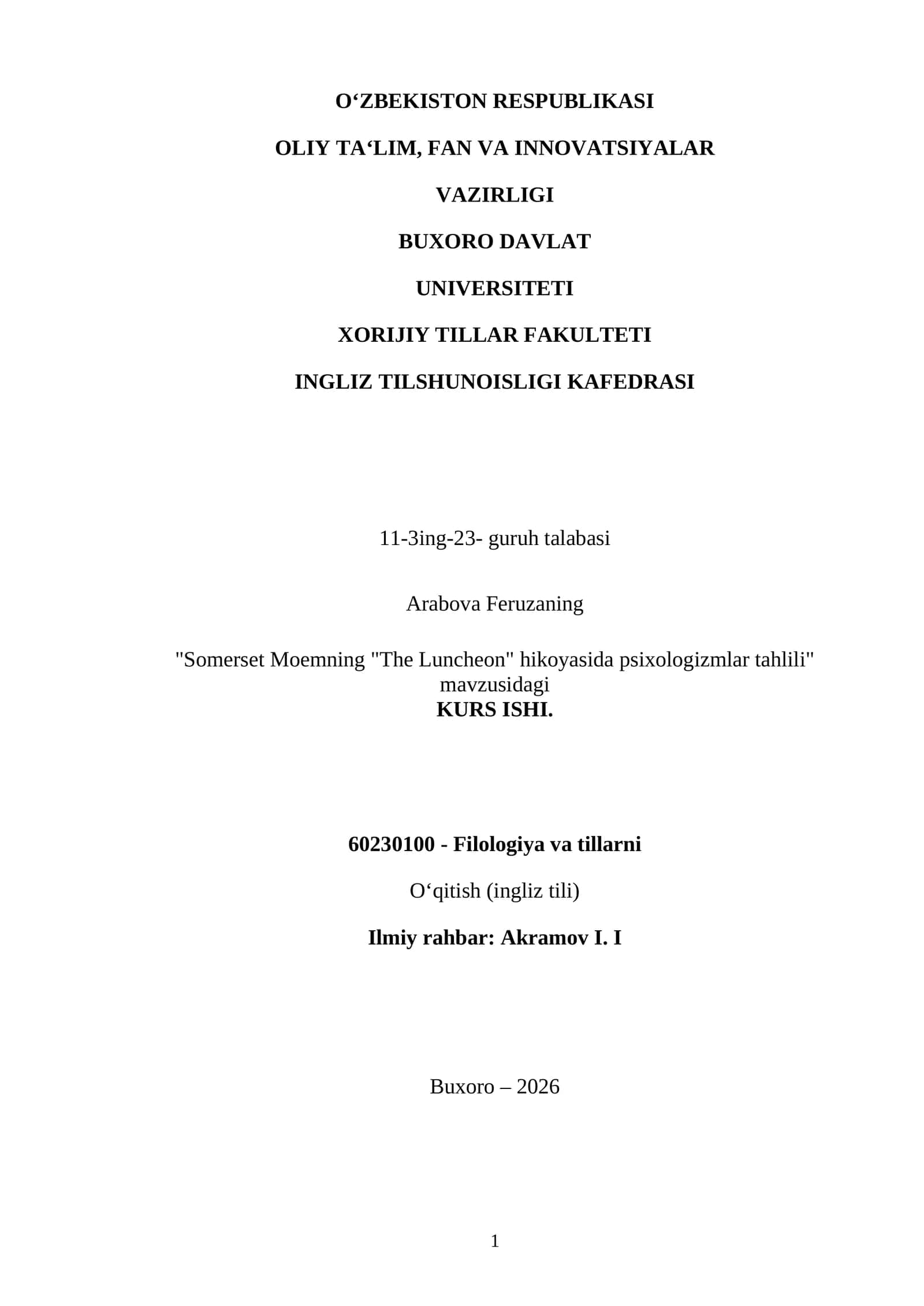 Somerset Moemning "The Luncheon" hikoyasida psixologizmlar tahlili