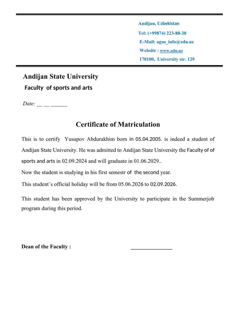 Certificate of Matriculation