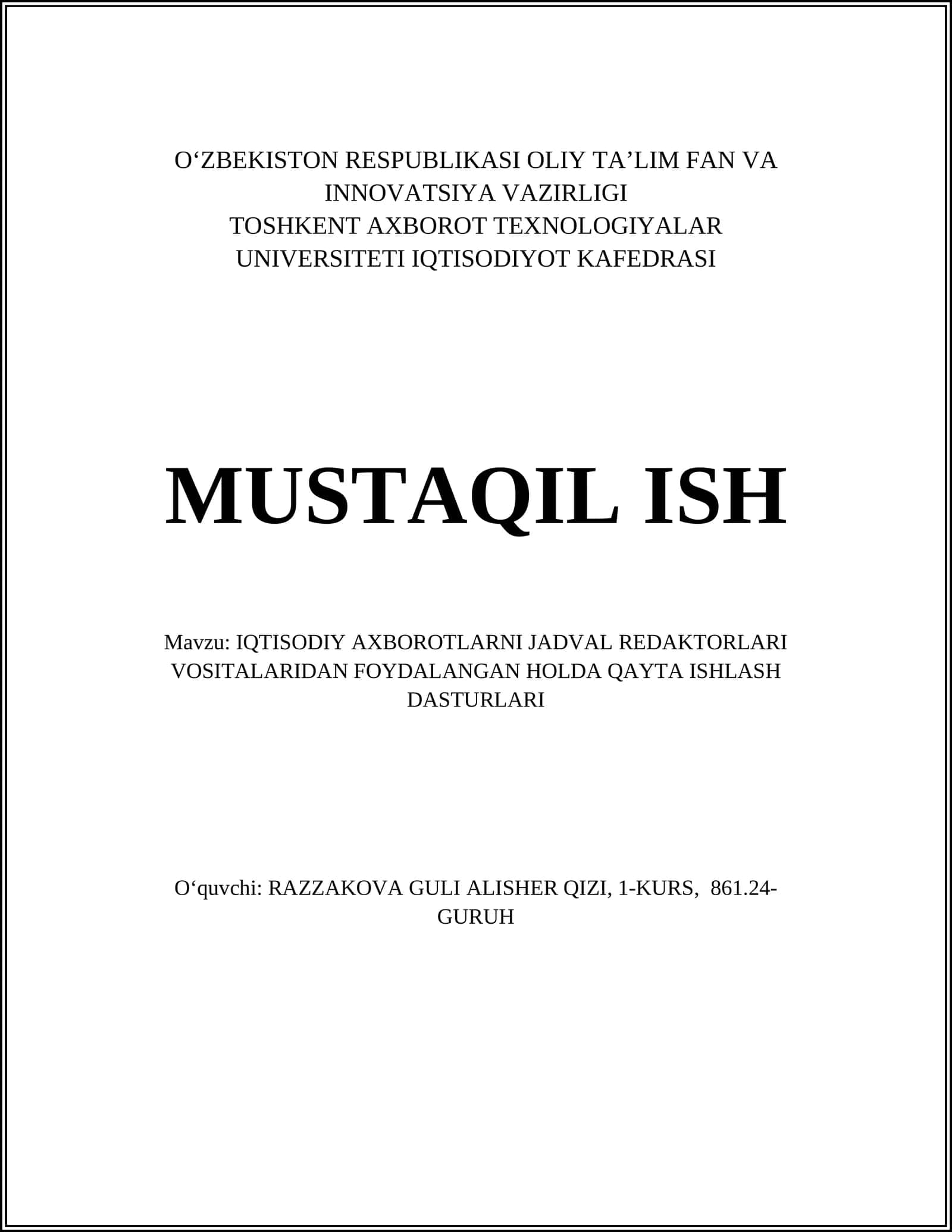 IQTISODIY AXBOROTLARNI JADVAL REDAKTORLARI VOSITALARIDAN FOYDALANGAN HOLDA QAYTA ISHLASH DASTURLARI