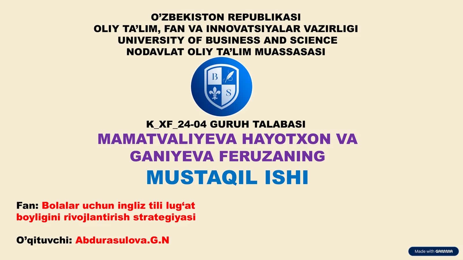 Bolalar uchun ingliz tili lug‘at boyligini rivojlantirish strategiyasi