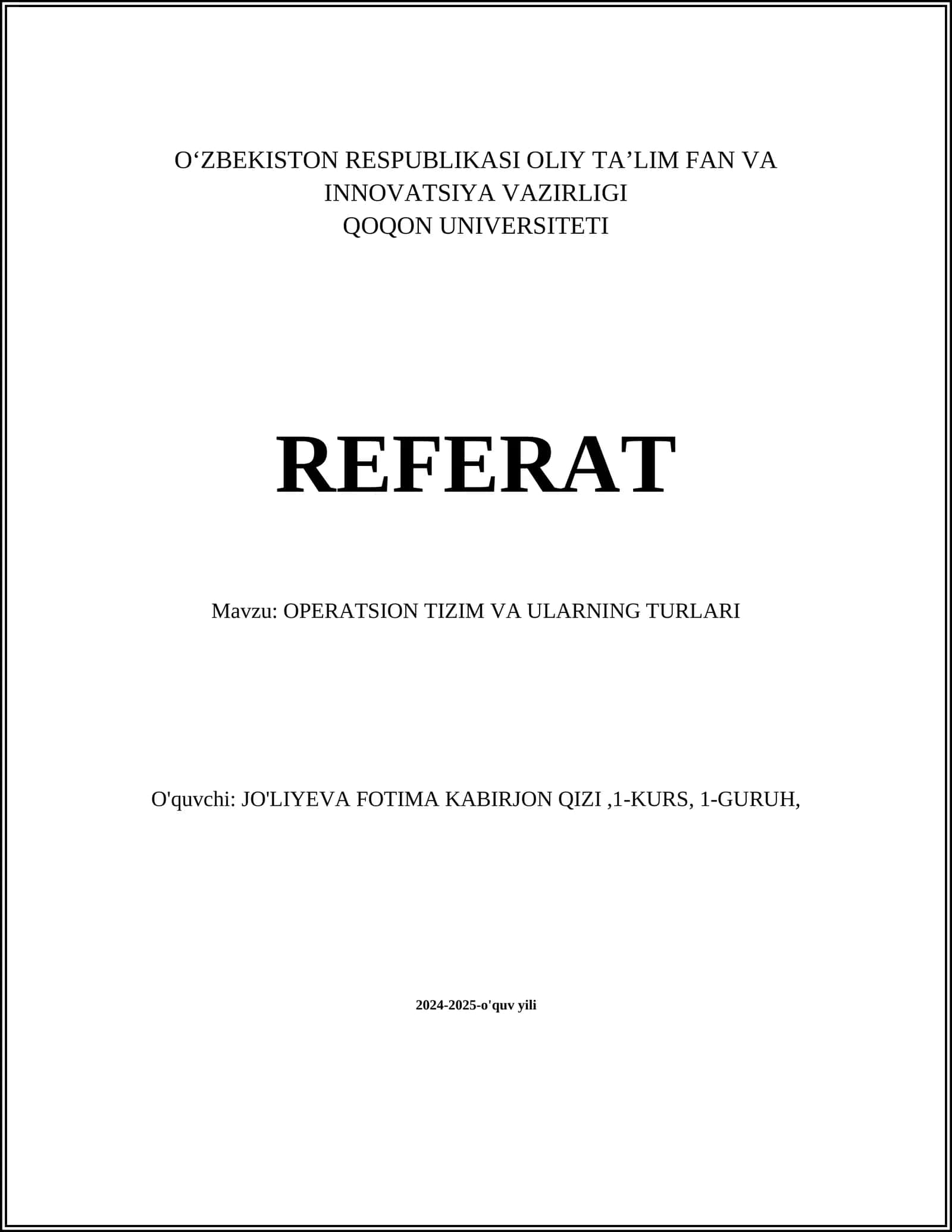 OPERATSION TIZIM VA ULARNING TURLARI