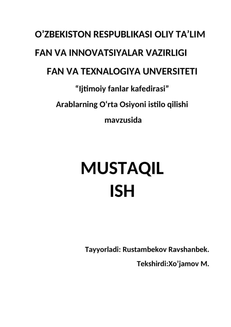 Arablarning O‘rta Osiyoni istilo qilishi mavzusida