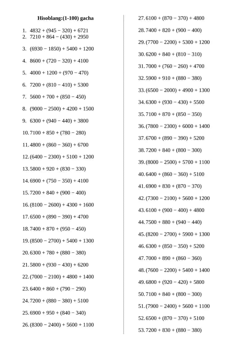 2-4 sinflar uchun misollar 200 ta misol