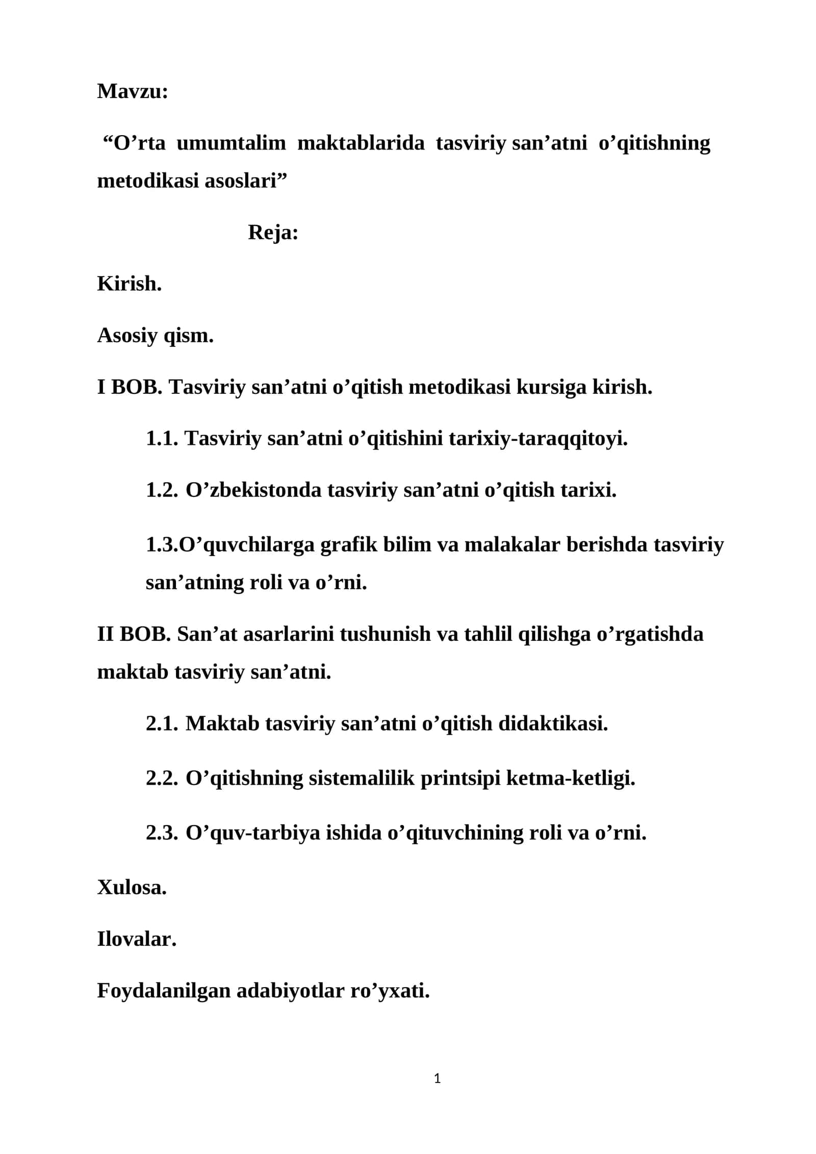 O’rta umumtalim maktablarida tasviriy san’atni o’qitishning metodikasi asoslari Bitiruv malakaviy sihi