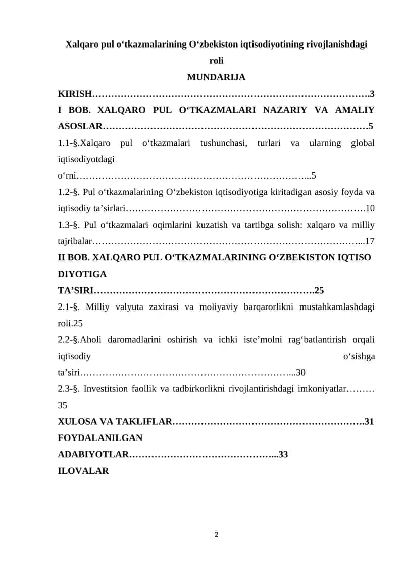 Xalqaro pul o‘tkazmalarining O‘zbekiston iqtisodiyotining rivojlanishdagi roli