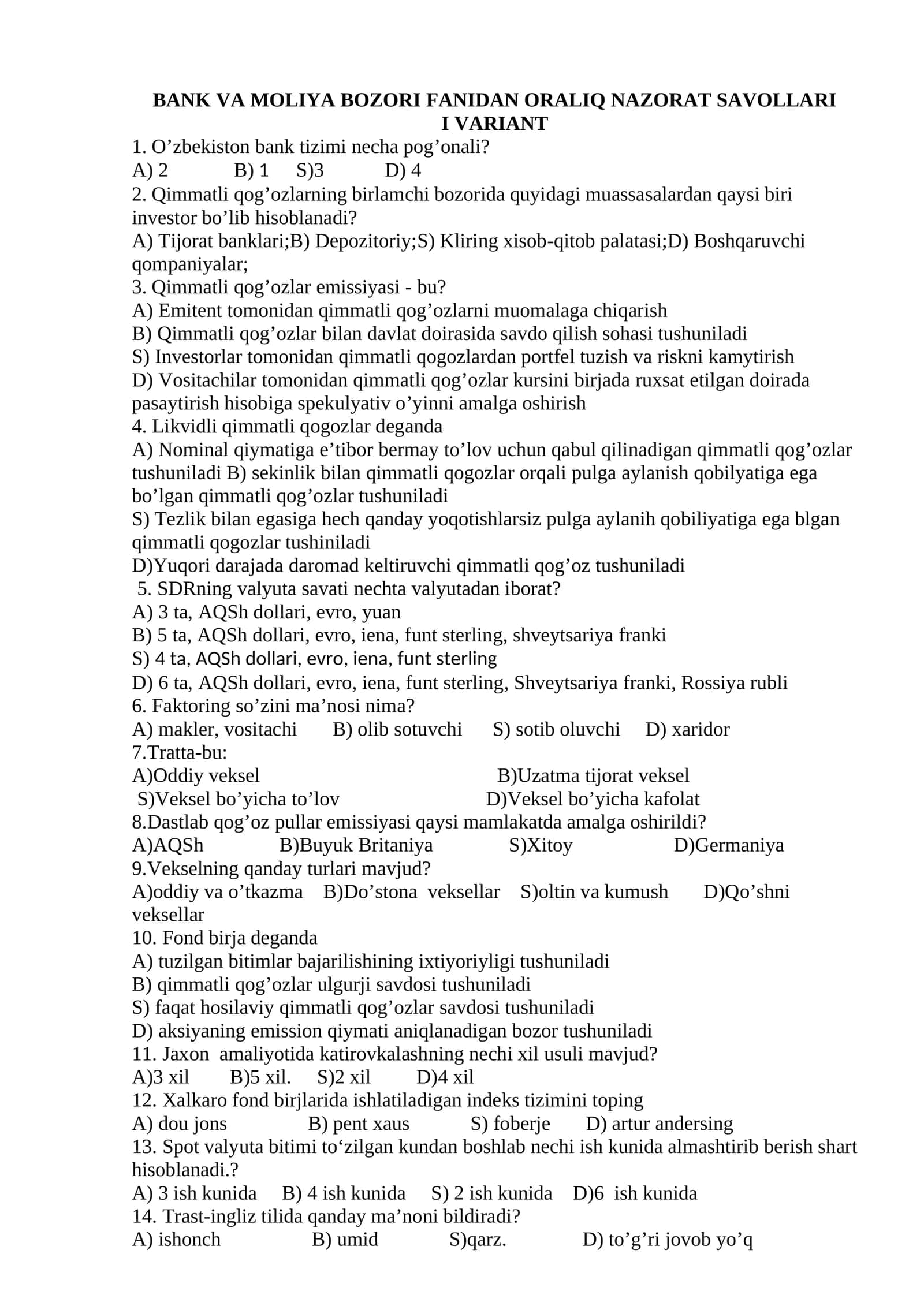 BANK VA MOLIYA BOZORI FANIDAN ORALIQ NAZORAT SAVOLLARI