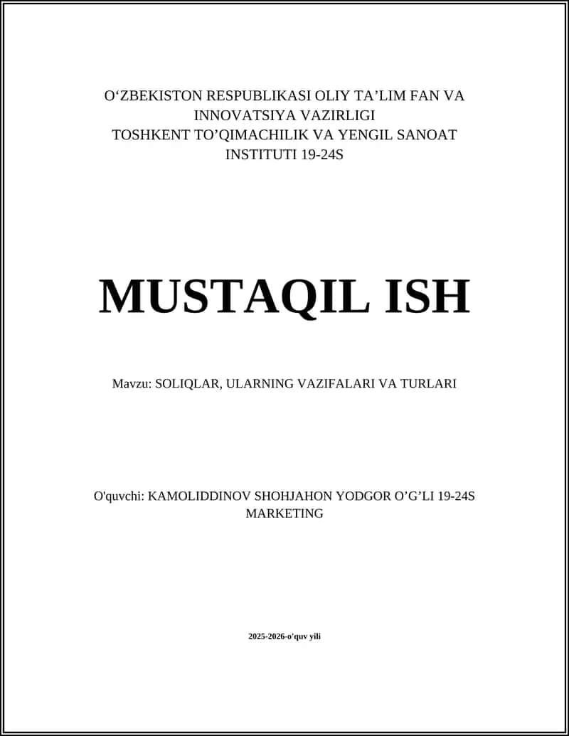 SOLIQLAR, ULARNING VAZIFALARI VA TURLARI