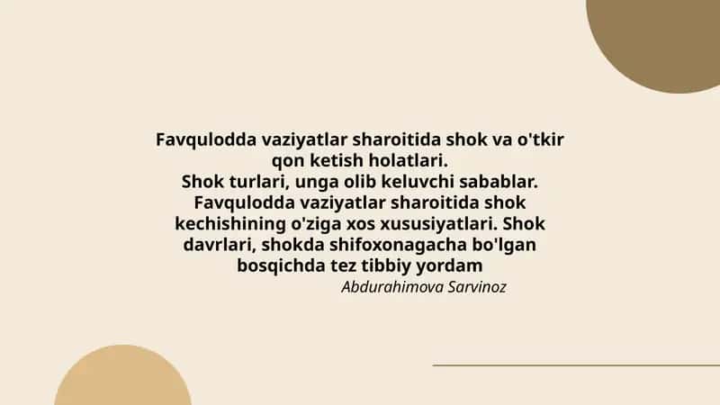 Favqulodda vaziyatlar sharoitida shok va o'tkir qon ketish holatlari