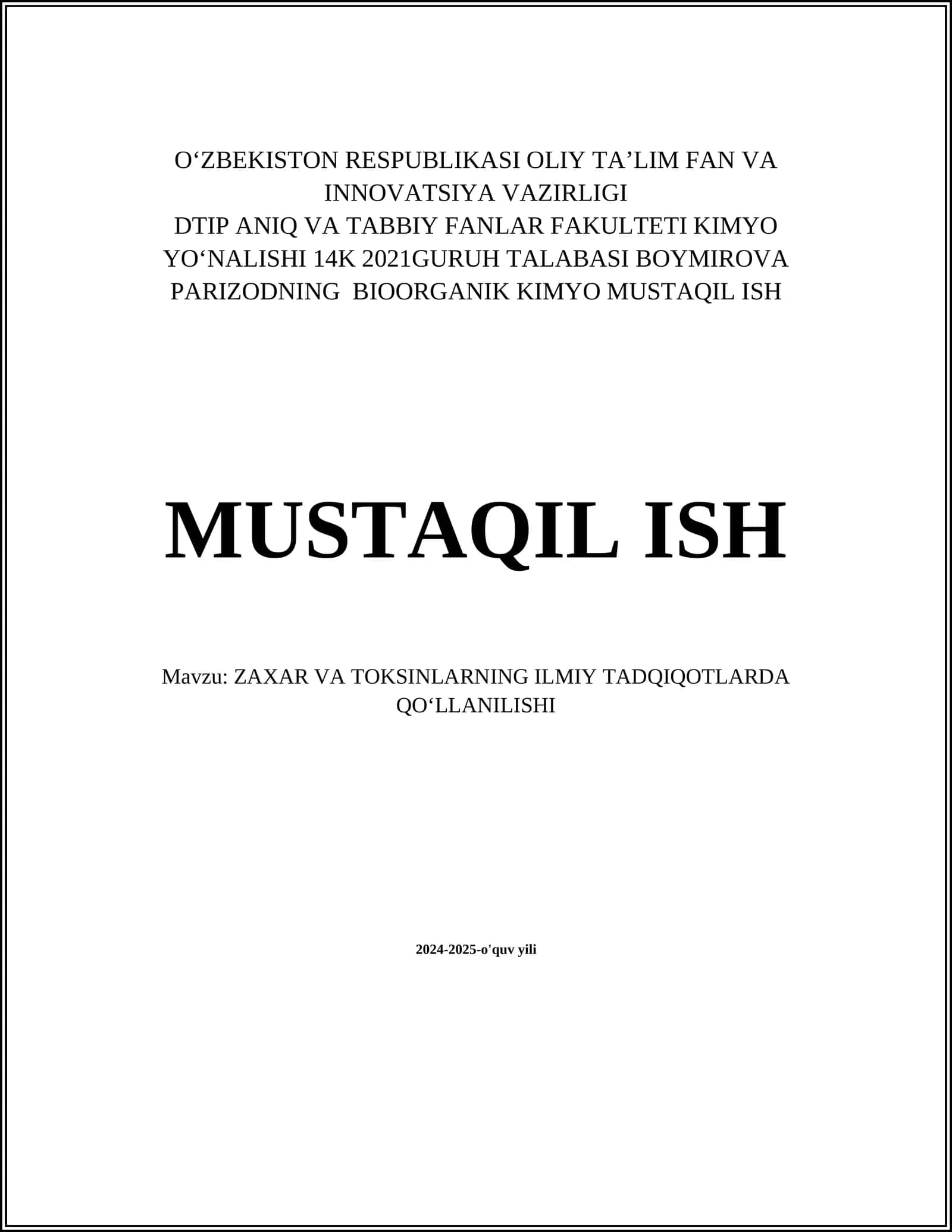 BIOORGANIK KIMYO MUSTAQIL ISH