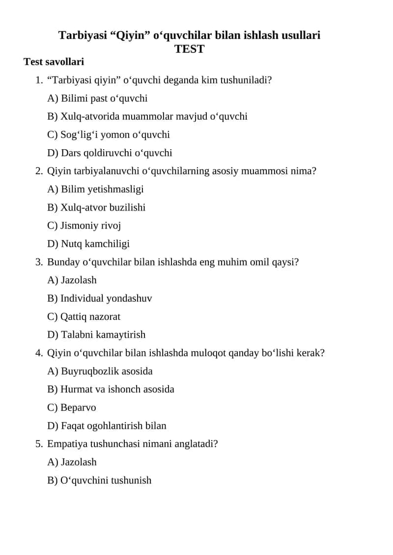 Tarbiyasi “Qiyin” o‘quvchilar bilan ishlash usullari