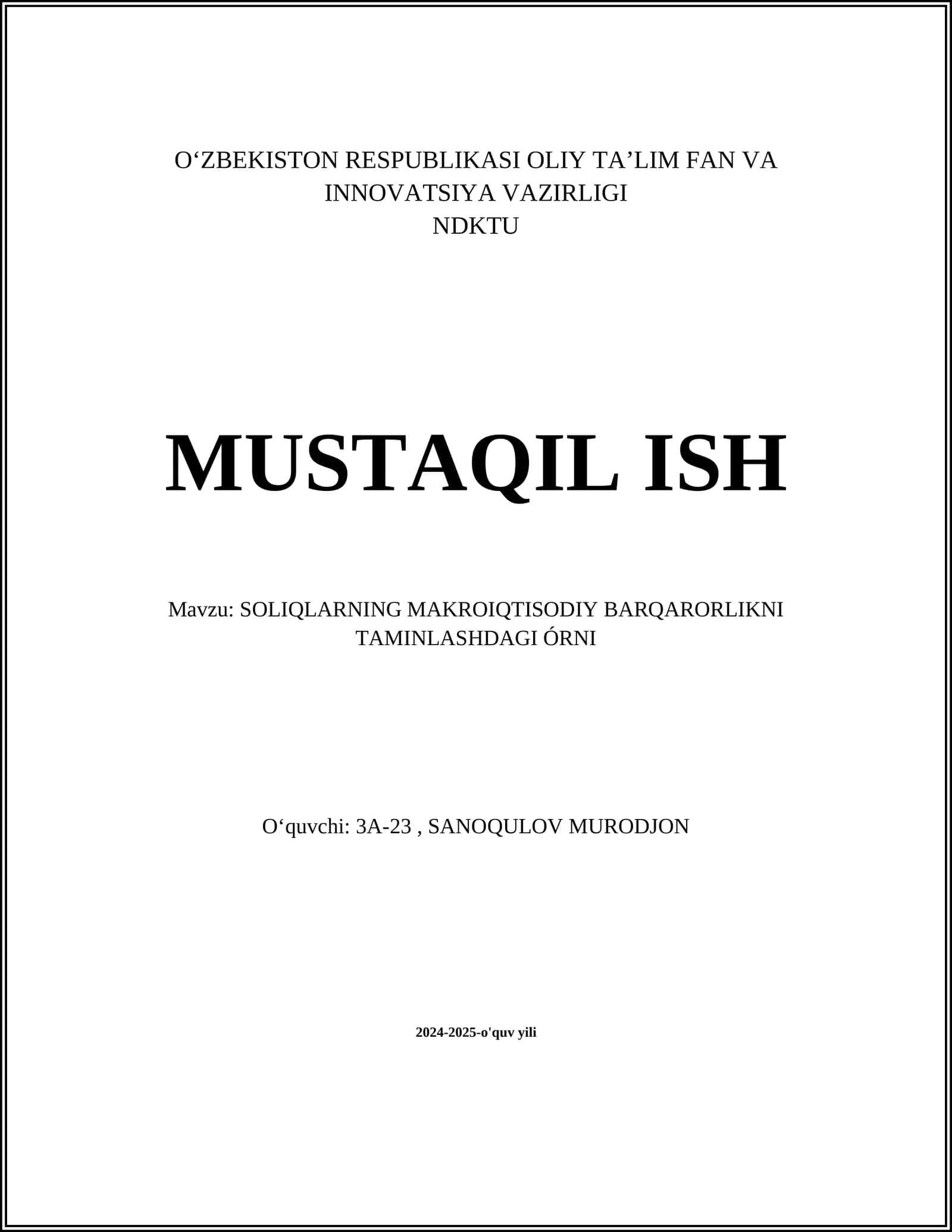 SOLIQLARNING MAKROIQTISODIY BARQARORLIKNI TAMINLASHDAGI ÓRNI
