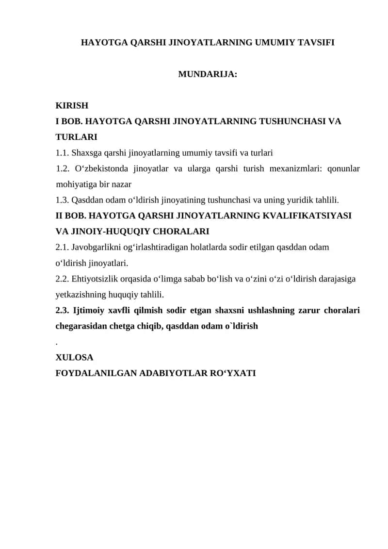 HAYOTGA QARSHI JINOYATLARNING UMUMIY TAVSIFI