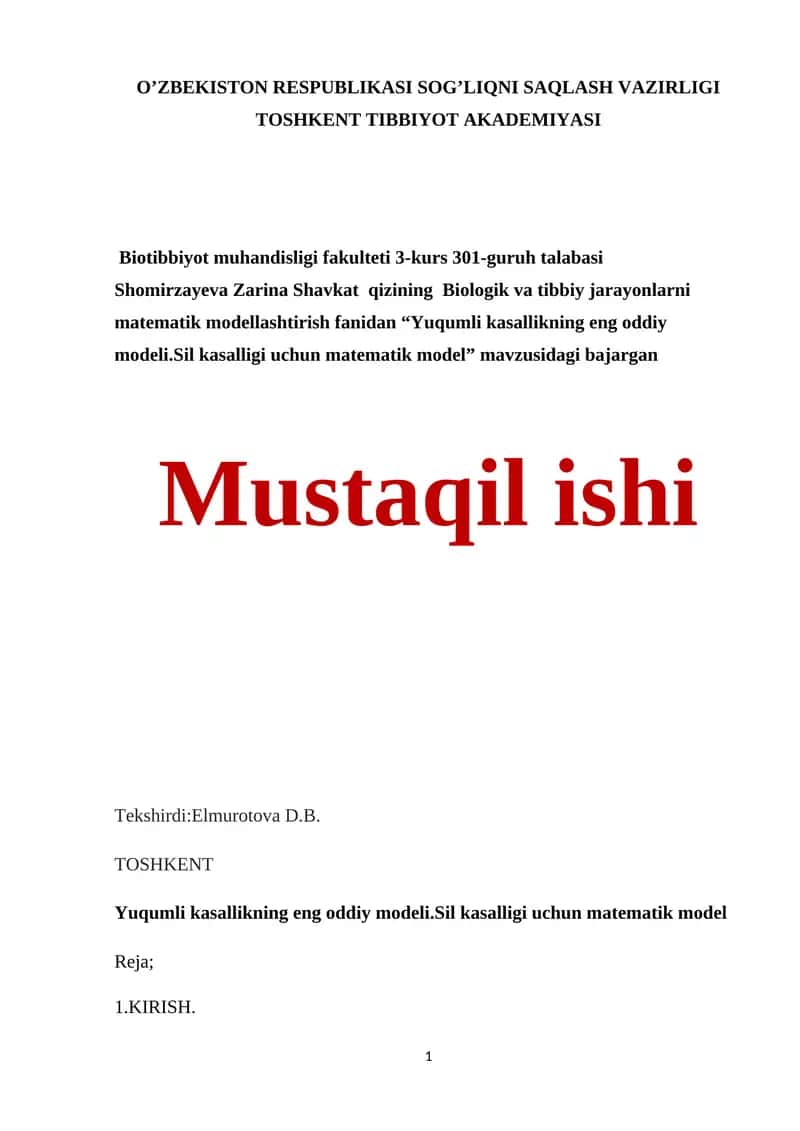 Yuqumli kasallikning eng oddiy modeli.Sil kasalligi uchun matematik model