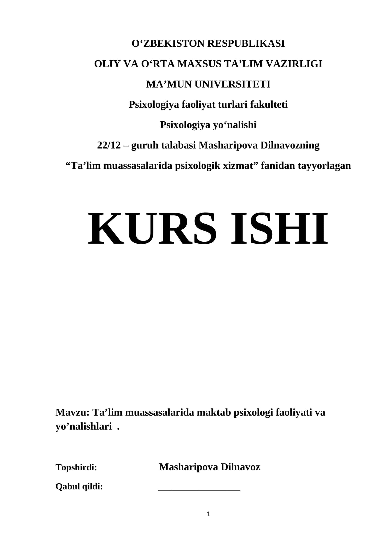 Ta’lim muassasalarida maktab psixologi faoliyati va yo’nalishlari