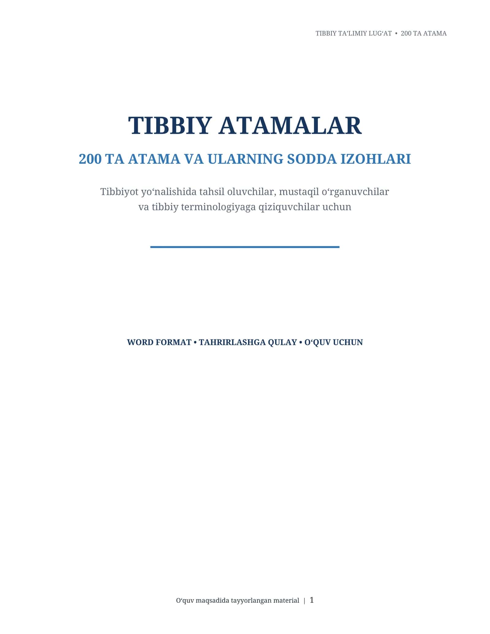 Tibbiy atamalar lug‘ati — 200 ta tibbiy termin va izohlar | Word DOCX
