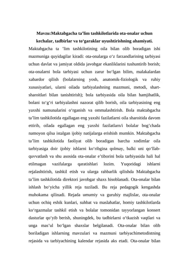 Maktabgacha ta’lim tashkilotlarida ota-onalar uchun kechalar, tadbirlar va