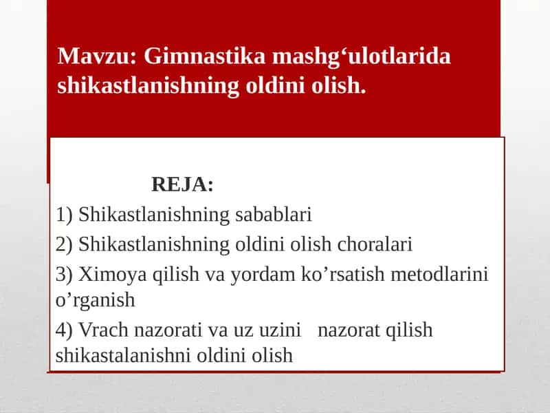 Gimnastika mashg‘ulotlarida shikastlanishning oldini olish