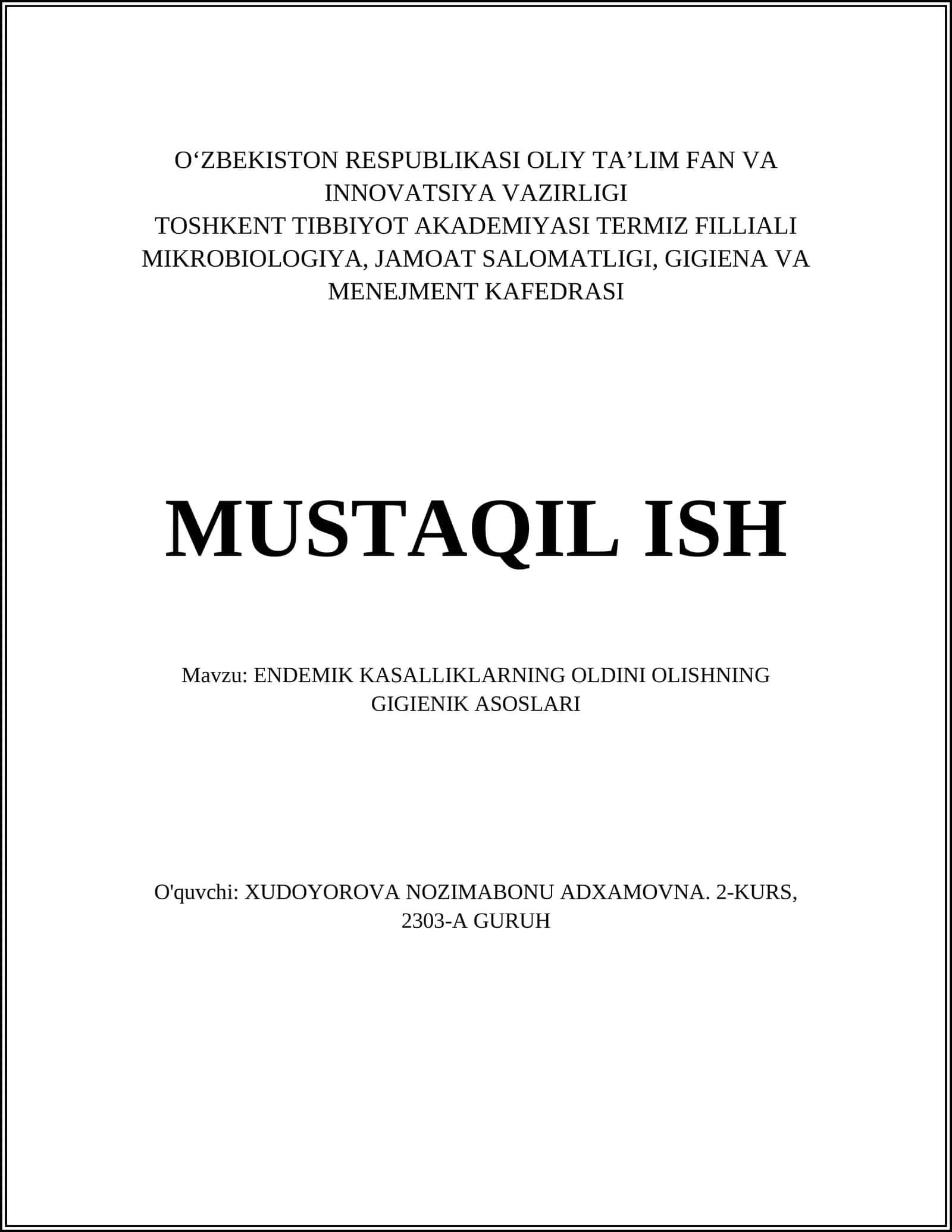 ENDEMIK KASALLIKLARNING OLDINI OLISHNING GIGIENIK ASOSLARI