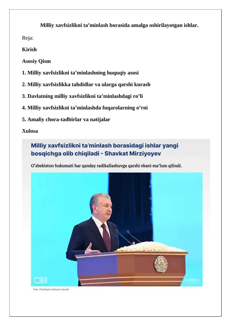 Milliy xavfsizlikni ta’minlash borasida amalga oshirilayotgan ishlar