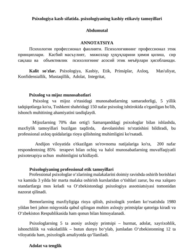 Psixologiya kasb sifatida. psixologiyaning kasbiy etikaviy tamoyillari