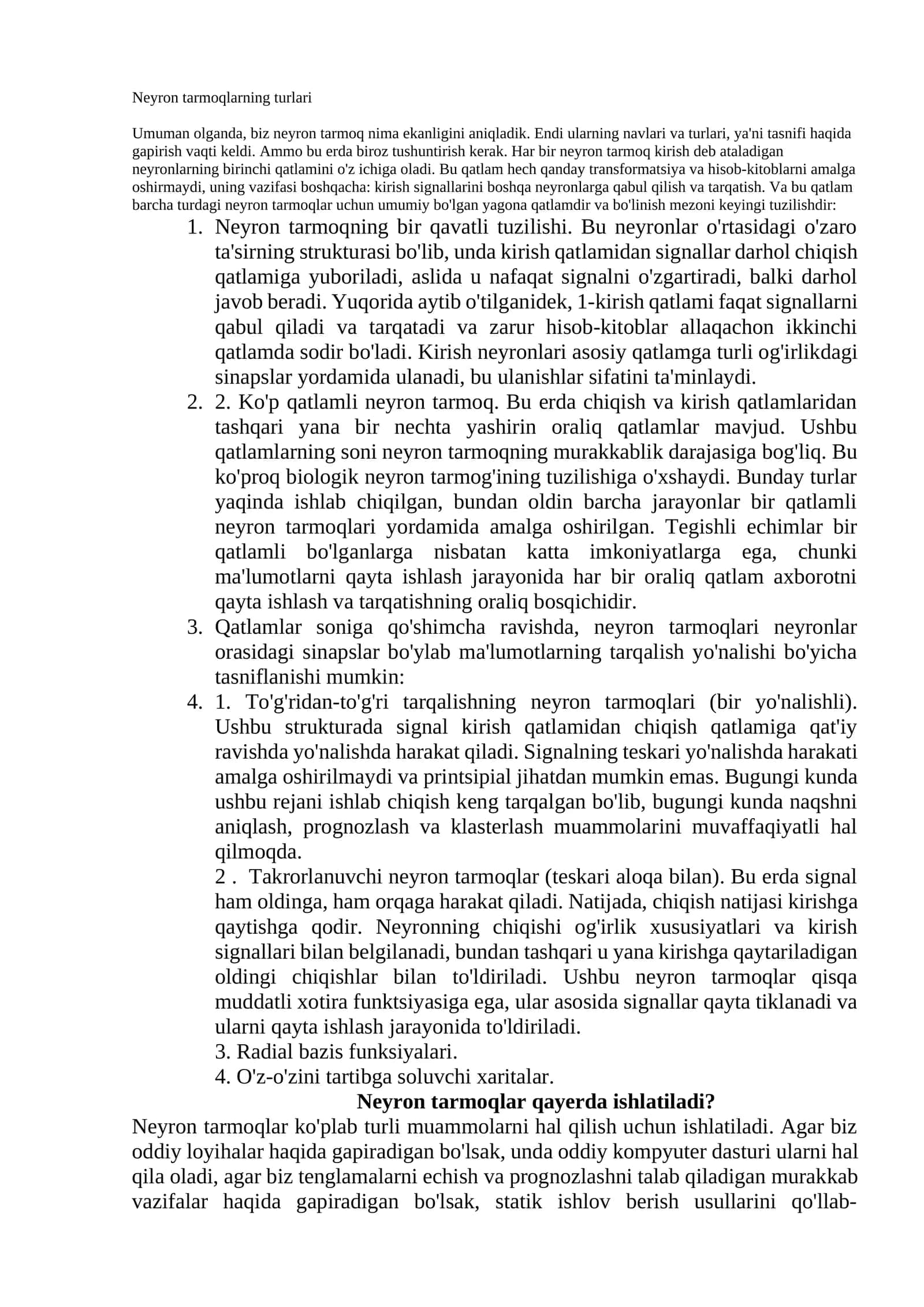 Neyron tarmoqlarning turlari
