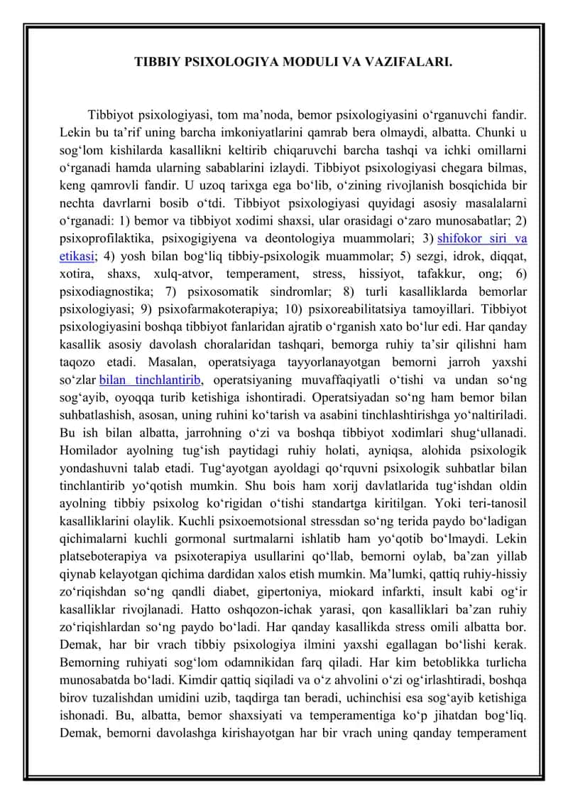 Tibbiy Psixologiya moduli va vazifalari