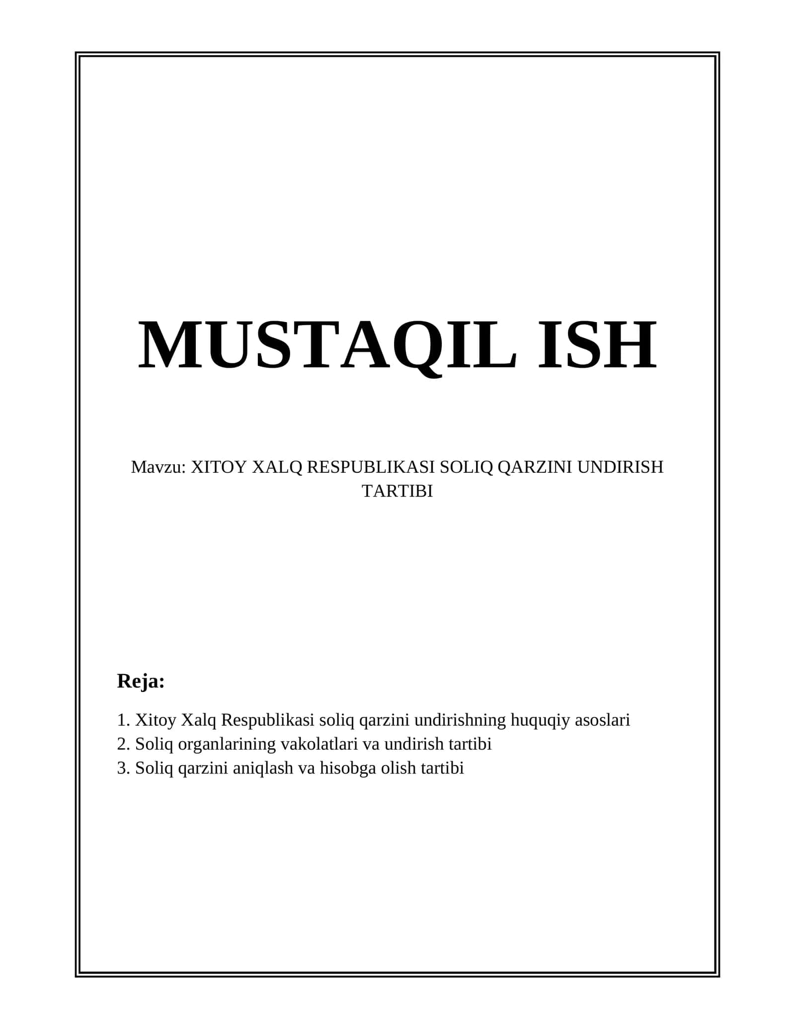 Xitoy Xalq Respublikasi Soliq Qarzini Undirish Tartibi