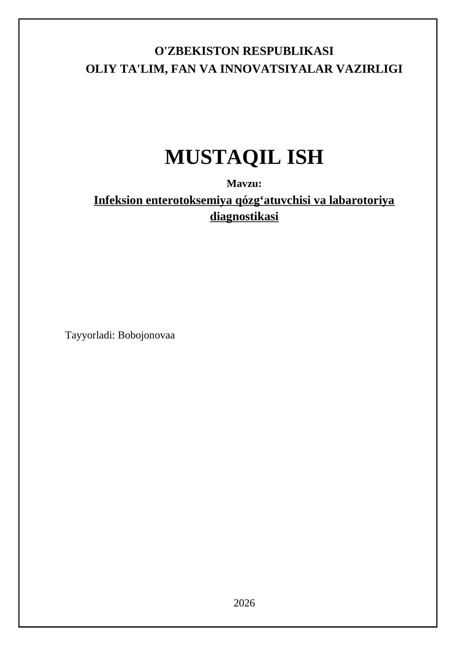 Infeksion enterotoksemiya qózgʻatuvchisi va labarotoriya diagnostikasi