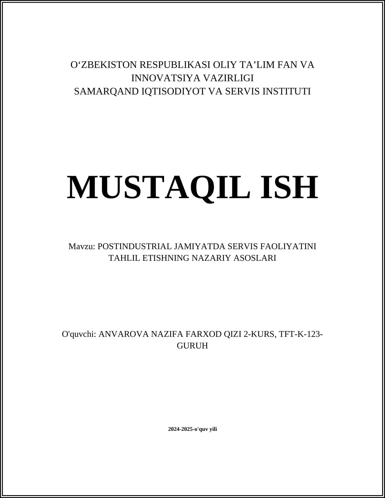 POSTINDUSTRIAL JAMIYATDA SERVIS FAOLIYATINI TAHLIL ETISHNING NAZARIY ASOSLARI