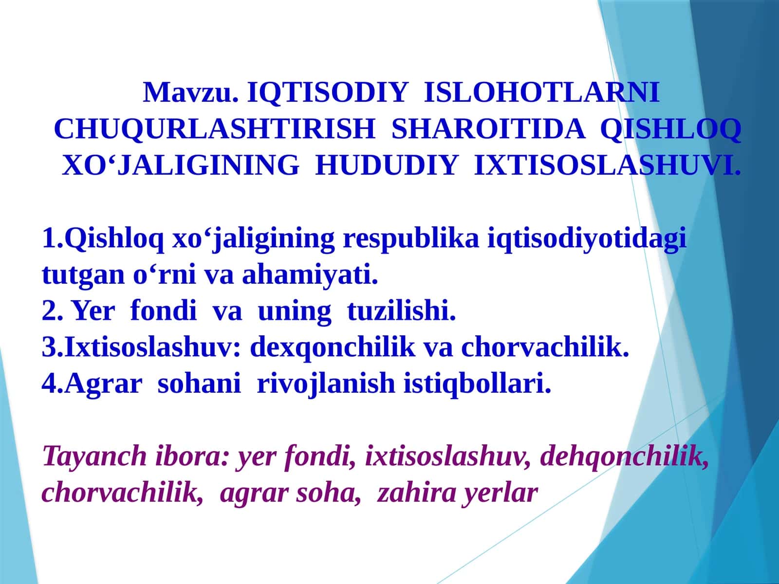 IQTISODIYISLOHOTLARNI CHUQURLASHTIRISH SHAROITIDA QISHLOQXO‘JALIGINING HUDUDIY IXTISOVI