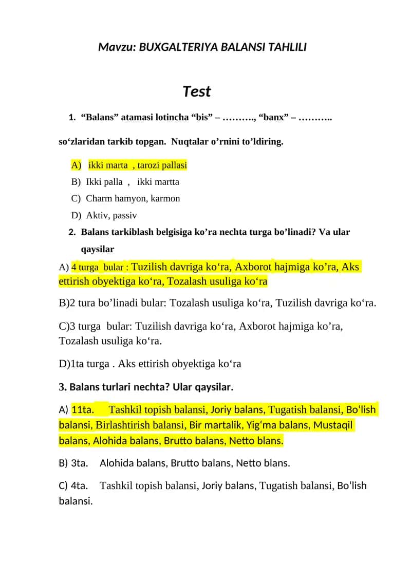 Moliyaviy tahlil test