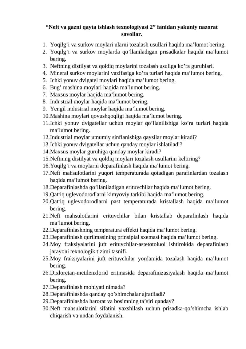 Neft va gazni qayta ishlash texnologiyasi 2