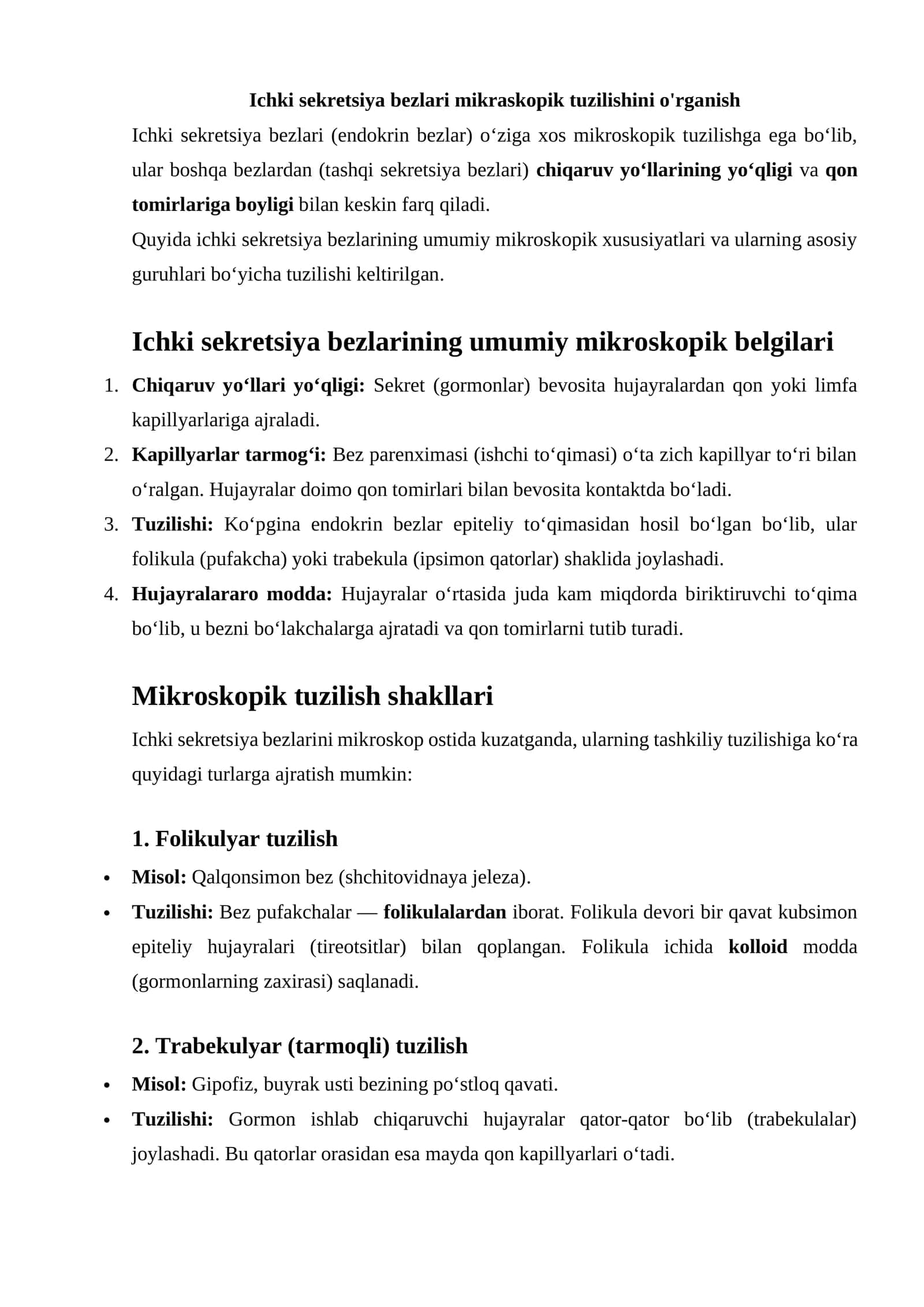 Ichki sekretsiya bezlari mikraskopik tuzilishini o'rganish