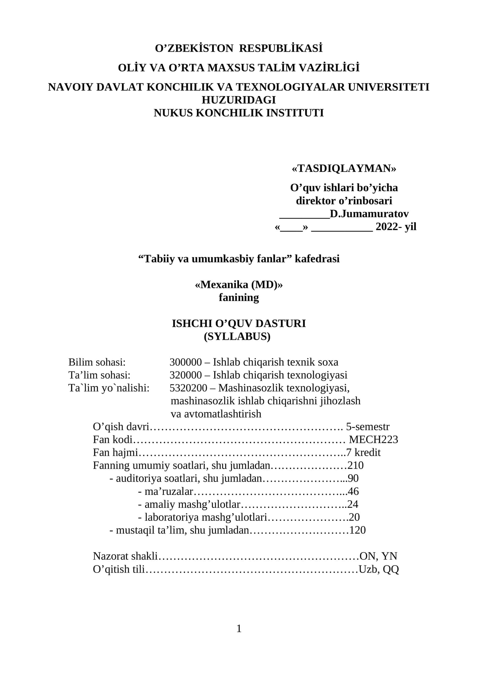 Mexanika (MD) fanining ISHCHI O’QUV DASTURI (SYLLABUS)